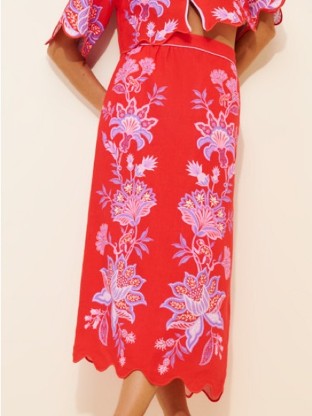 FARM Rio Porcelain Garden Red Motif Linen Blend Scalloped Midi Skirt S - Picture 7 of 16